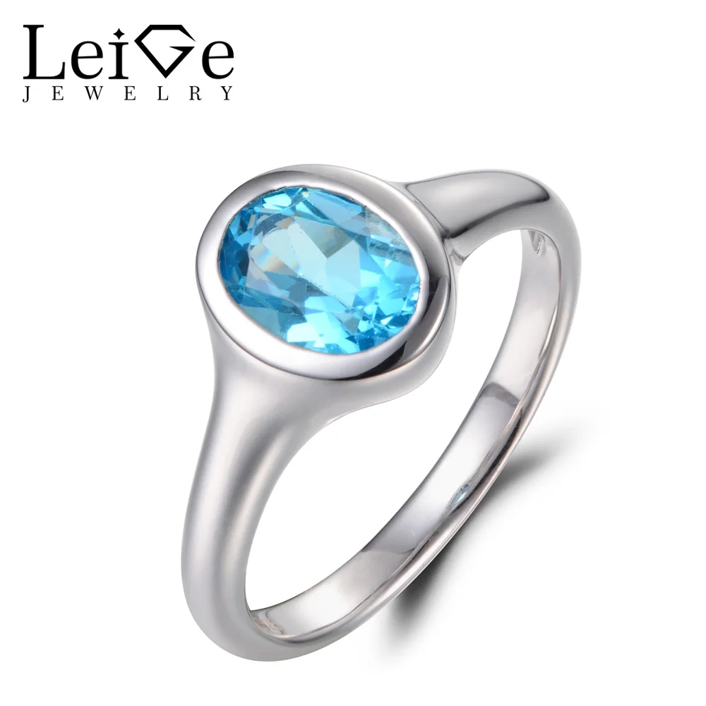 

Leige Jewelry Oval Cut Swiss Blue Topaz Ring Cocktail Party Ring November Birthstone 925 Sterling Silver Solitaire Ring for Lady