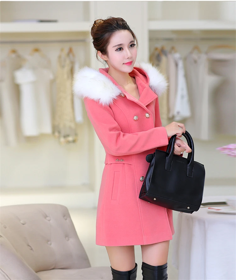 Осень большой меховой воротник с капюшоном зимнее новое шерстяное пальто