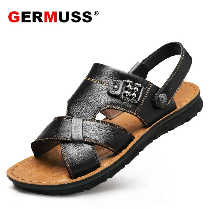 Мужские сандалии из натуральной кожи коричневые пляжные шлепанцы Повседневная