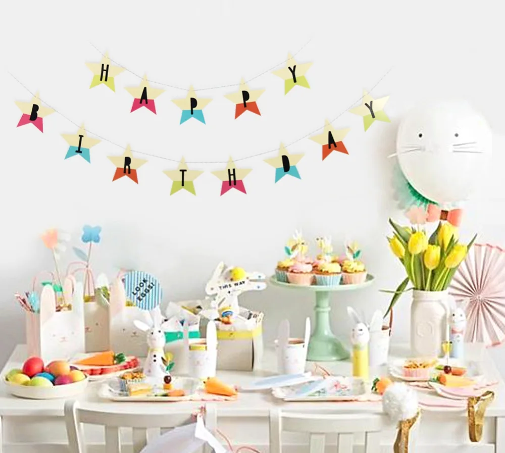 Радуга С Днем Рождения звезда бумага Гирлянда из фигурок для детей Подвесные