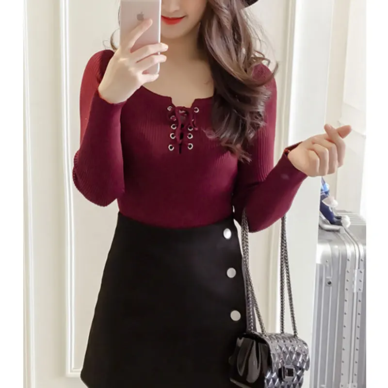 Autumn Spring Women Knitwear Sweater Lace Bow Bottoming Shirt Knit Tops Slim Casual Elastic Sexy Pullovers | Женская одежда