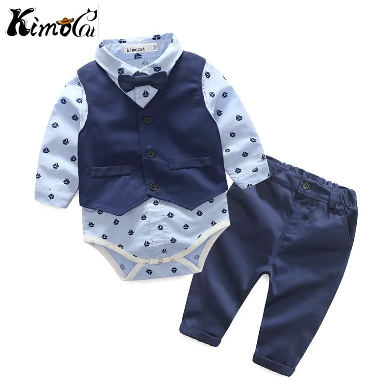 Kimocat new High quality autumn and winter gentleman long-sleeved bow tie casual trousers suit 3pcs(Jumpsuit + vest pants) |