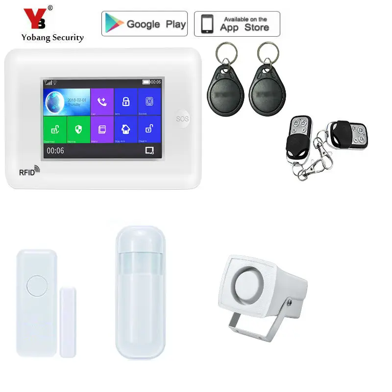 Yobang Security 4.3inch TFT LCD House Office Burglar Intruder WIFI Alarm System With Glass Break Sensor Android IOS APP Control |