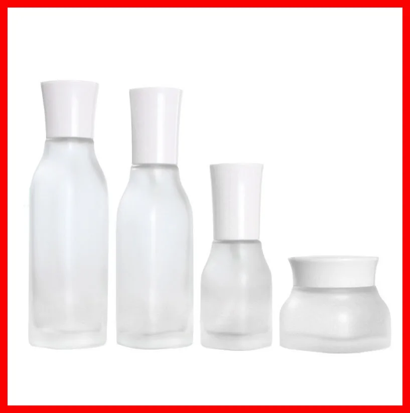 

50/40/100/120ML frosted clean Empty glass bottle/jar lotion/mist spay pump Cosmetic Packing Refillable Bottles w white cap