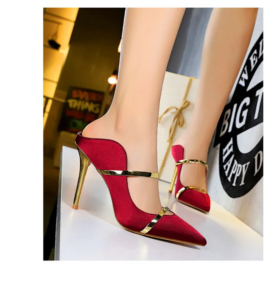7 Colors Solid Silk Women Slippers Pointed Toe Outdoor Sandals High Heels Woman Sexy Party Show Thin Ladies Shallow Summer Shoes