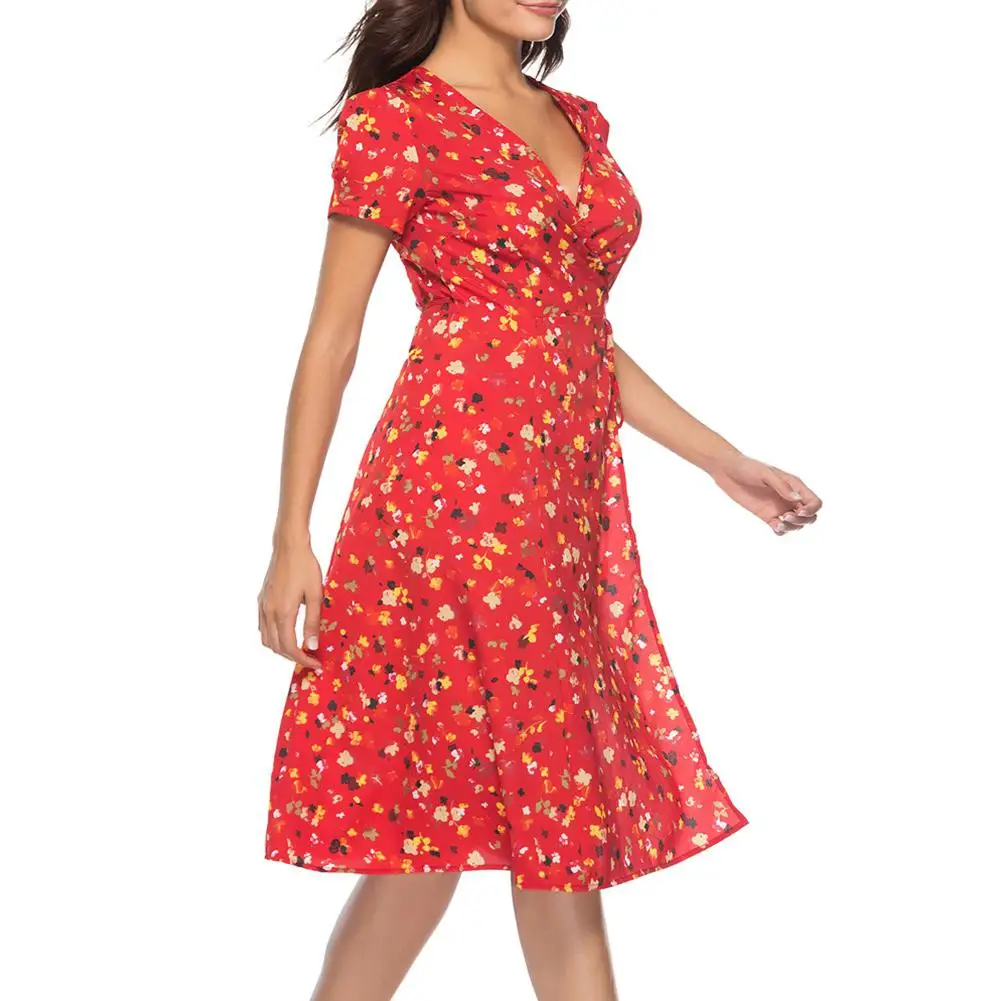 Yfashion Summer Fashion Floral Dress Women V Collar Slit Lacing Femme Elegant Midi | Женская одежда