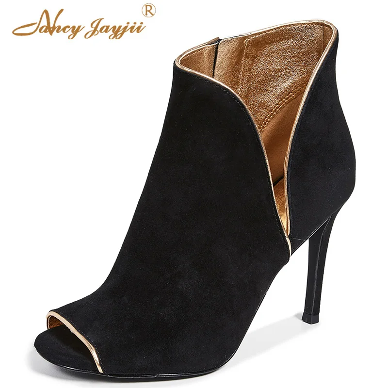 

Nancyjayjii Side Zipper Cutouts Women’S Novelty Ankle Boots Black Flock Peep Toe Super Stiletto Heels Booties Female Autumn Shoe