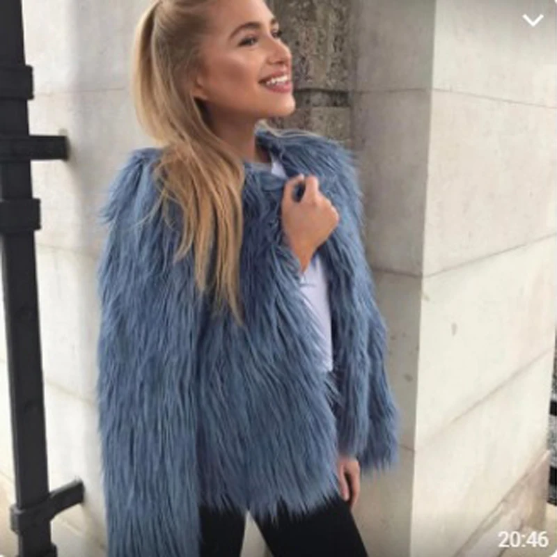 S-3XL женские зимние пальто из искусственного меха куртки синие меховые гладкие