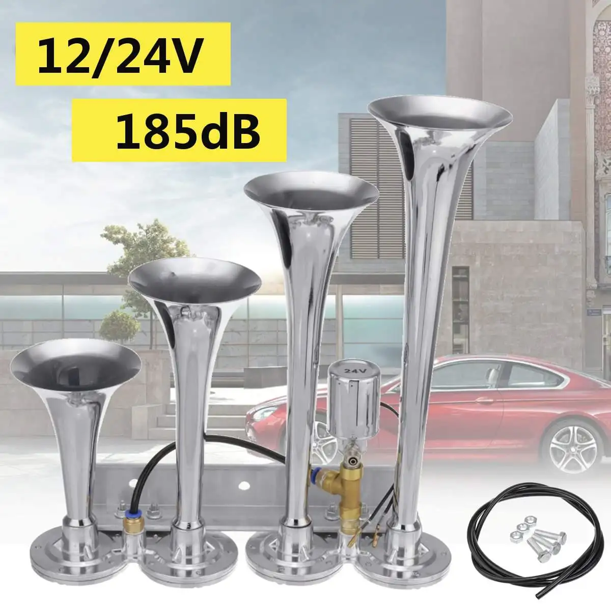 12/24V 60-150 фунтов на квадратный дюйм Универсальный 185DB 4/четыре металлическая труба воздушный рожок хром Поезд Автомобиль Грузовик Лодка пароварка - Цвет: Silver