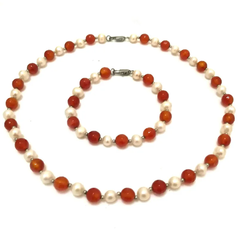 

18 inches 7-8mm Red Carnelian & Natural Pearl Necklace & 7.5 inches Bracelet Jewelry Set