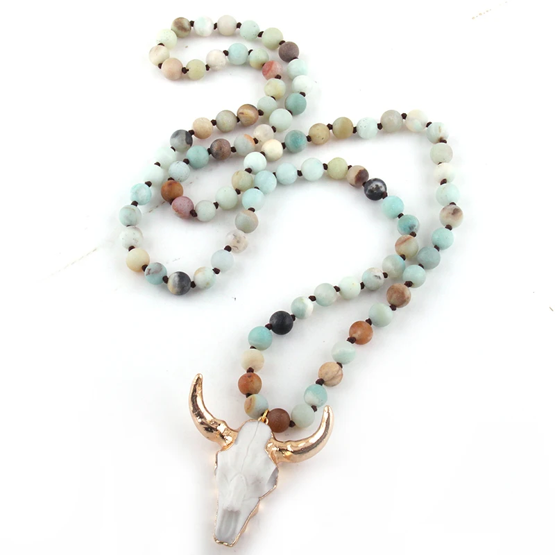 Fashion Bohemian Jewelry Amazonite Stone Knotted Horn Pendant Necklace For Women Beaded Necklace