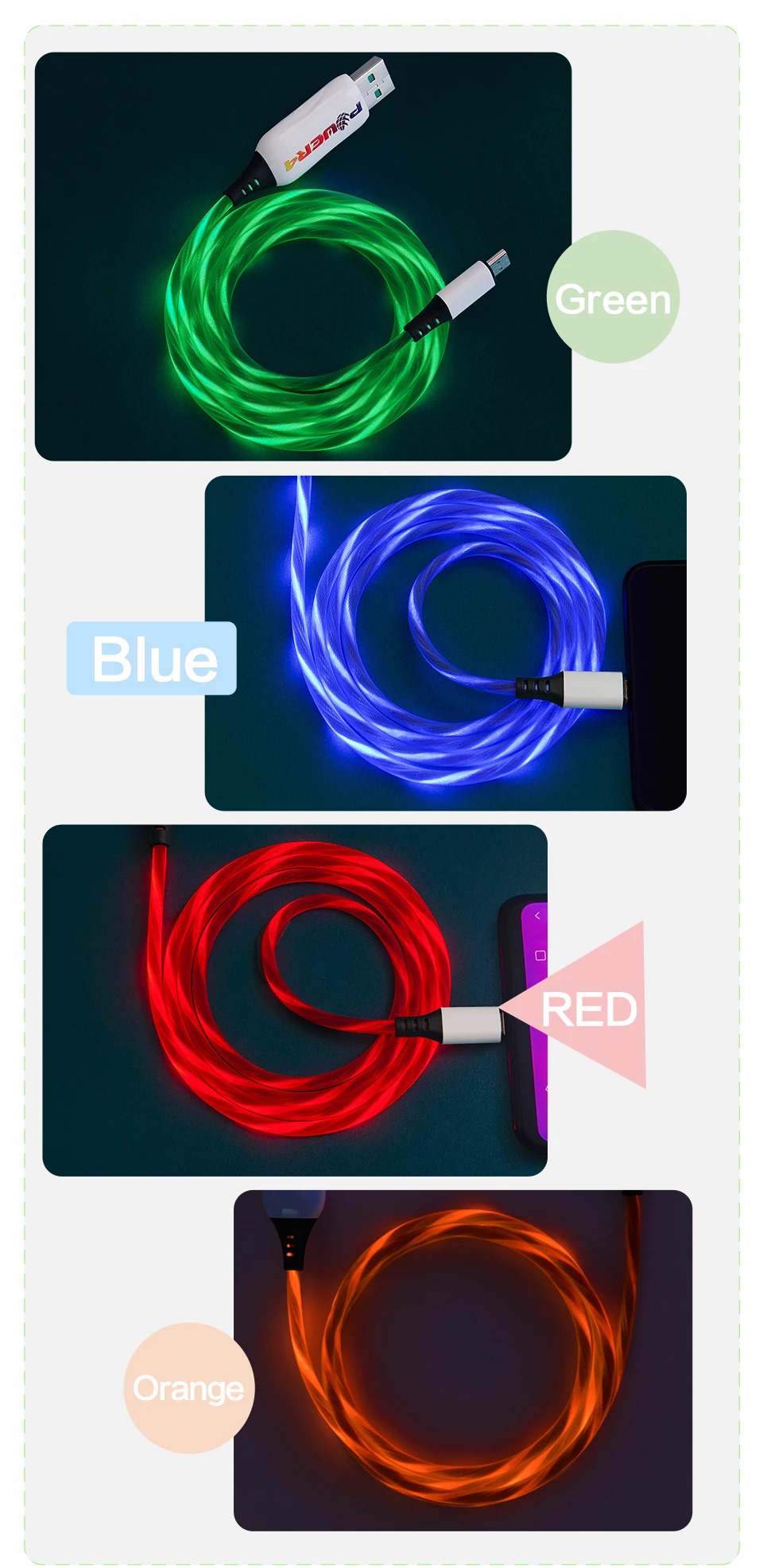 Power4 светящийся Micro USB кабель зарядное устройство для быстрой зарядки для OPPO VIVO 4A светодиодный Micro USB линия передачи данных для телефонов Android зарядное устройство Поддержка VOOC