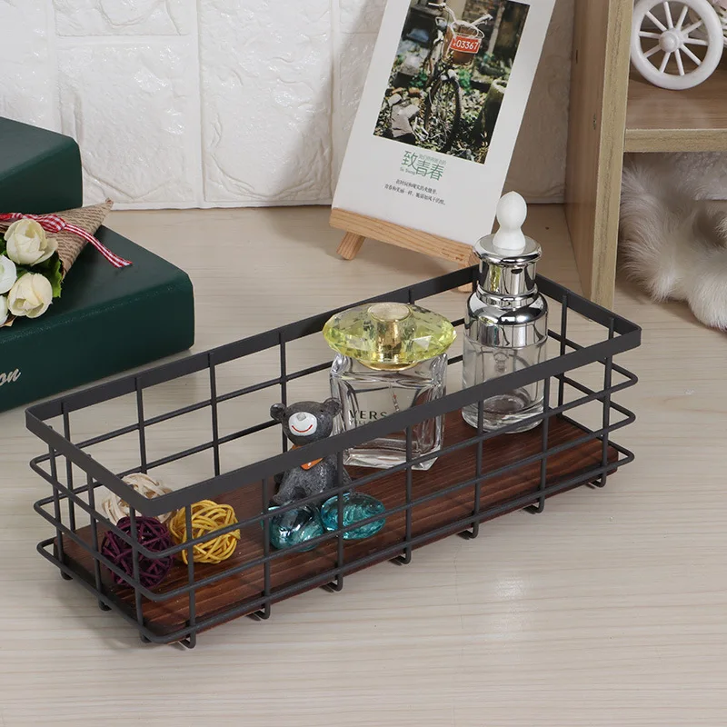 Wrought Iron Storage Basket Desktop Finishing with Wooden Plant Flower | Дом и сад