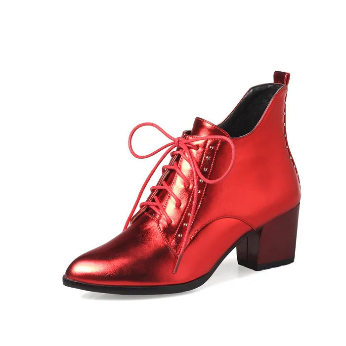 Red Velvet Lining Meotina/зимние ботинки женские ботильоны с острым носком Короткие женские ботинки на шнуровке, с заклепками, на не сужающемся книзу массивном каблуке Женская обувь красного цвета, большие размеры 33-43 - Цвет: Red Velvet Lining