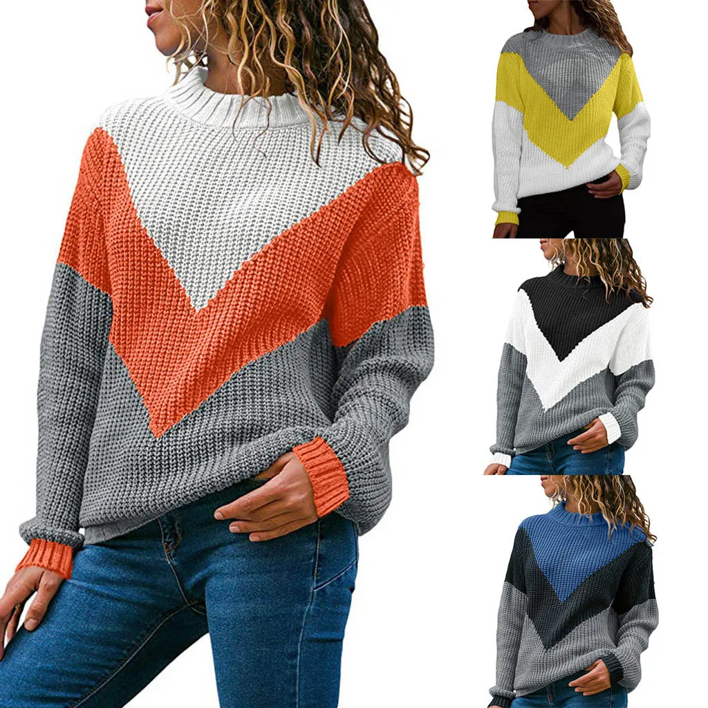 JAYCOSIN Hot Fashion Design Women Round Neck Color Block Long Sleeve Knitted Sweater Tops Pullover Jumper High Quality | Женская одежда