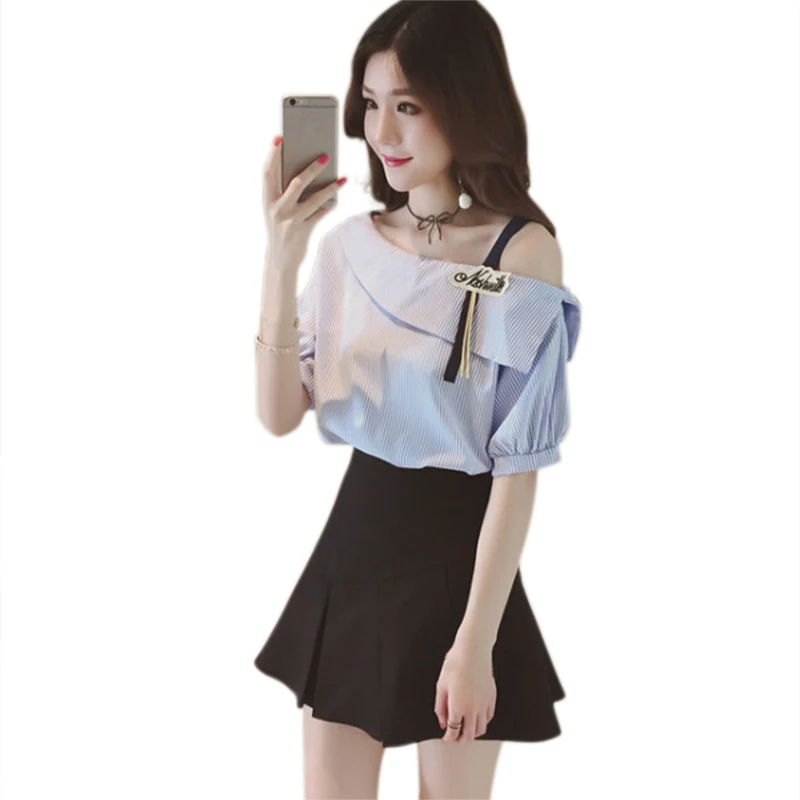 

Sexy One Shoulder Loose Blue Blouse Lantern Sleeve Women Spring Button Casual Shirt Tops Striped Blouses Y5