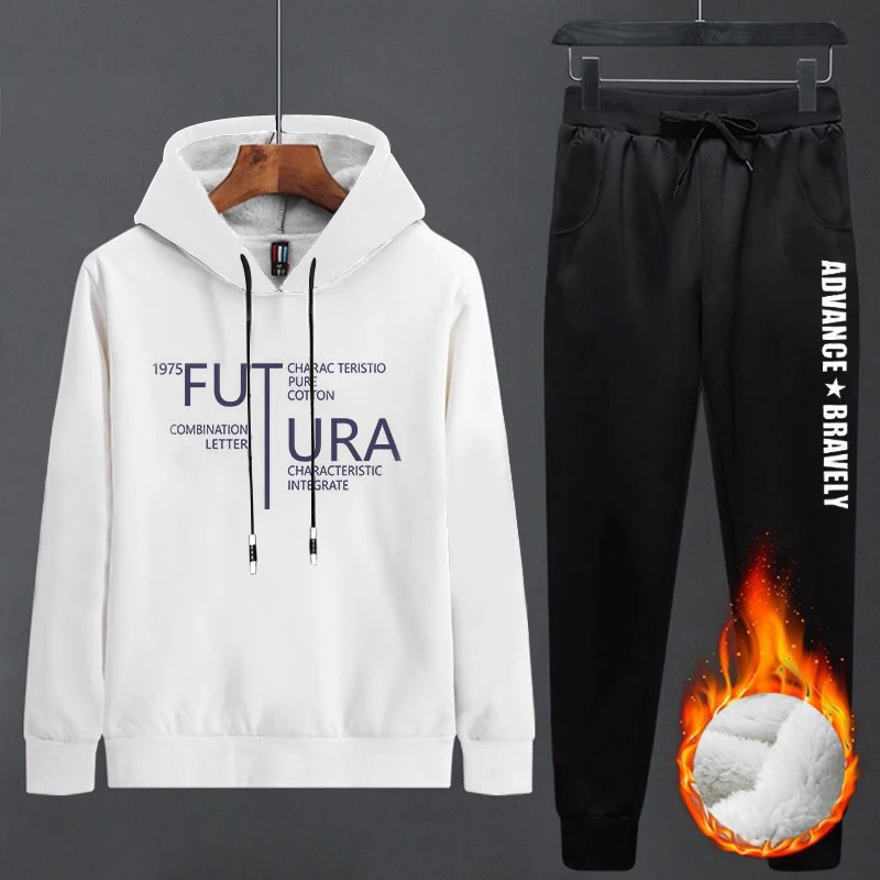 

Warm Hoodies Set Men Thicken Fleece Sport Suit 2019 New Polyester Letter Printing Winter Gym Clothing Windproof Running Sets