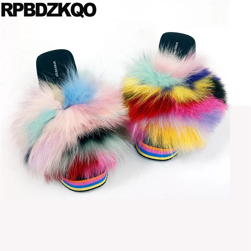 ВПП высокий каблук Flatform радуга открытый носок пушистый насосы с мехом обувь