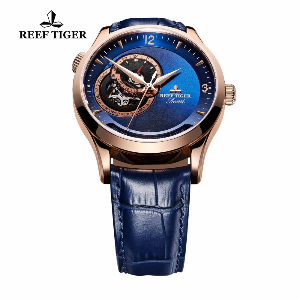 Повседневные водонепроницаемые часы Reef Tiger/RT цвета розового золота с синим