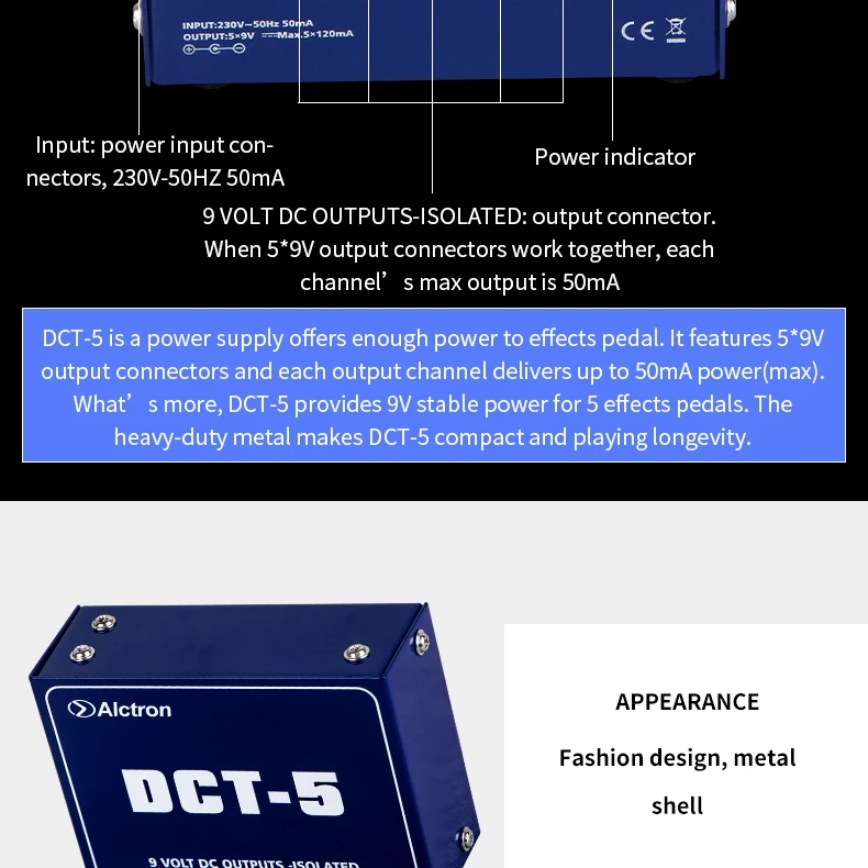 Alctron DCT-5 5-канальный 9 volt DC выходной эффект блок питания мульти-8-канальный, с гальванической развязкой защита питания