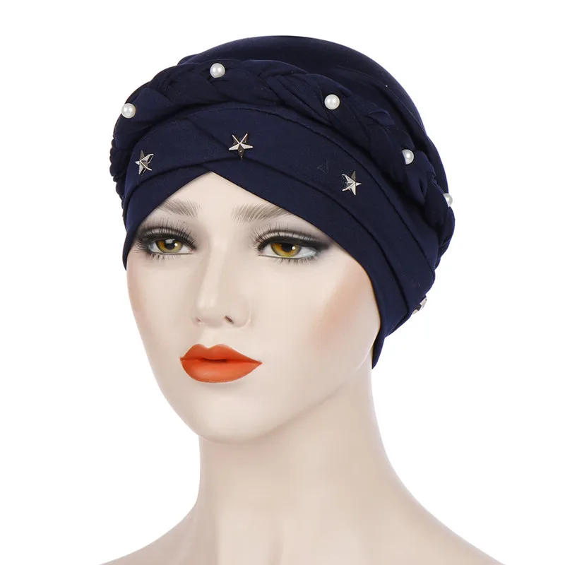 Navy Blue Мусульманские женщины крест шелковая оплетка жемчуг звезда тюрбан шляпа раковая шапка Хемо шапка хиджаб головной убор аксессуары для волос - Цвет: Navy Blue