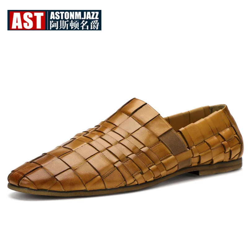 High End Men Hand-made Woven Leather Shoes Summer Slip On Soft Genuine Leather Loafers Big Size 6- 12
