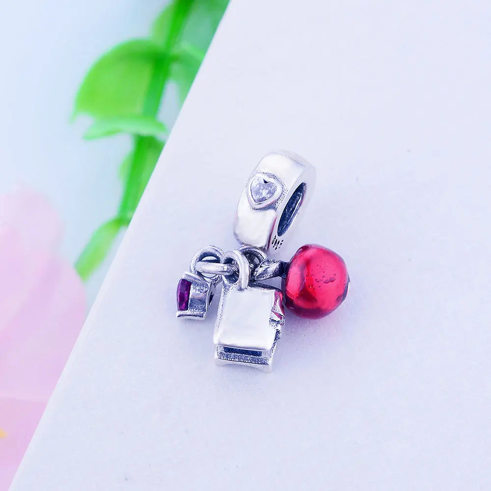 Подходит для оригинальных шармов Pandora Браслеты стерлингового серебра 925 пробы Яблоко& бусины в форме сердца с красной эмалью DIY ювелирные изделия подарок Berloques
