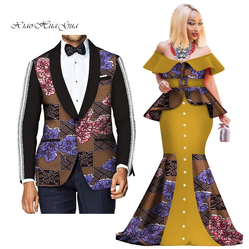 Fashion Custom African Couple Wedding Clothing Dashiki Women Skirt& Men Blazer for Lovers African Traditional Clothing WYQ276
