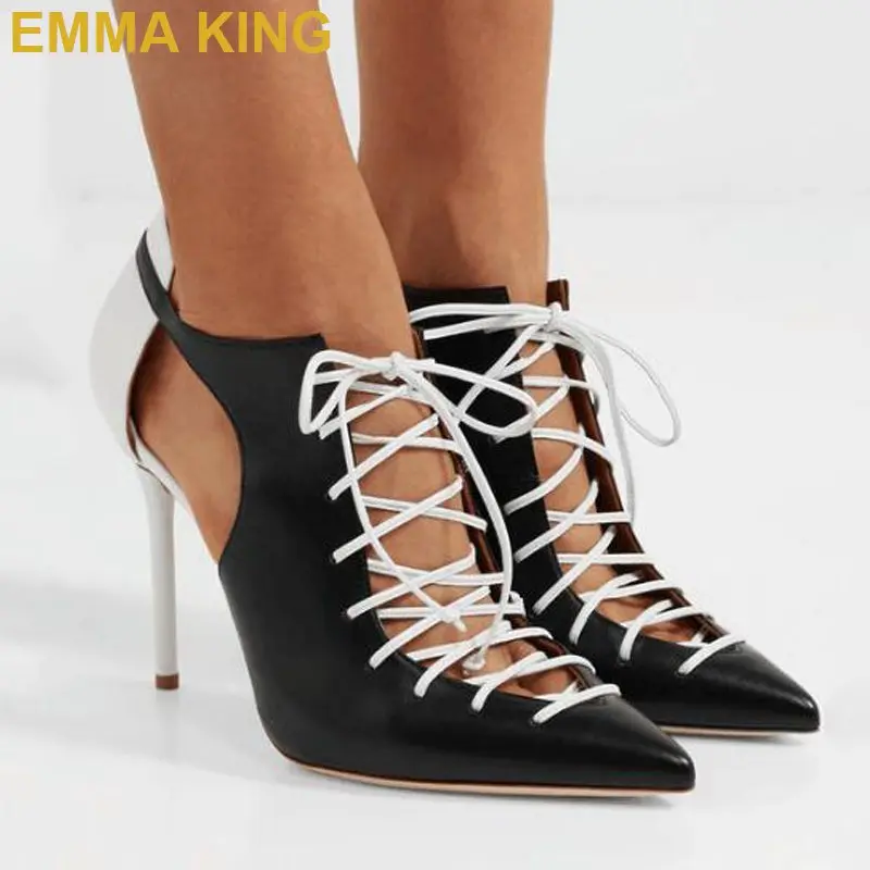 

Женские туфли на высоком каблуке с перекрестными ремешками, летние женские туфли-лодочки на шпильке с вырезами и острым носком, кожаные веч...