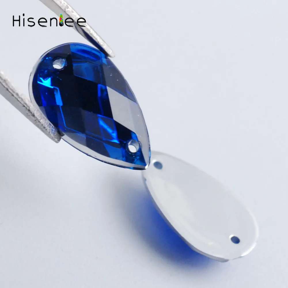 Hisenlee, 100 шт, 8x13 мм, Пришивные прозрачные AB кристаллы, каплевидные, 2 отверстия, плоская задняя сторона, акриловые Стразы для шитья, стразы для украшения своими руками - Цвет: sapphire