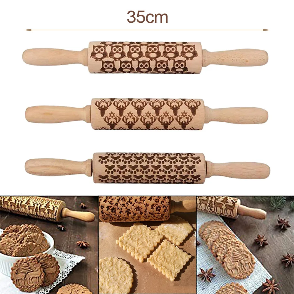 Christmas Rolling Pin Antlers Owl Carved Wood Embossed Kitchen Kneading Tools New Arrival A719 | Дом и сад