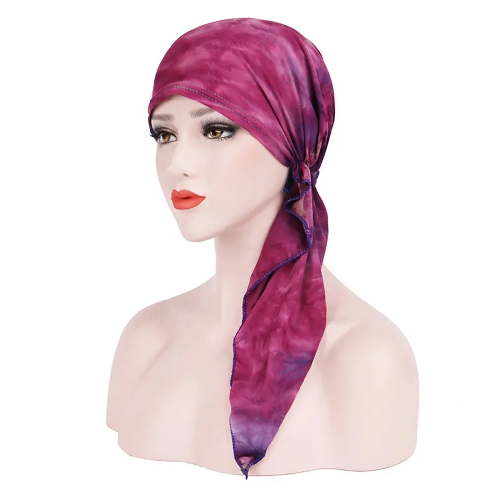 New Tie-dyed Curved Hat Flower Silk Woman Muslim Baotou Cap Fashion Accessories Caps Skullies Hats |