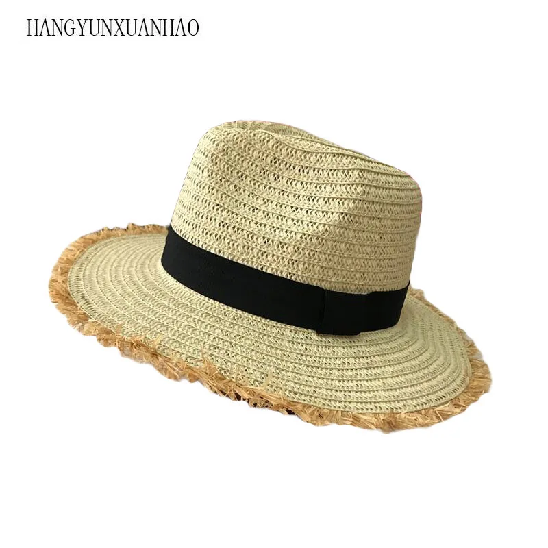 

2018 New Women Natural Wide Brim Burr Raffia Straw Hats Fringe Women Plain Large Beach Summer Sun Caps Big Straw Cap chapeau