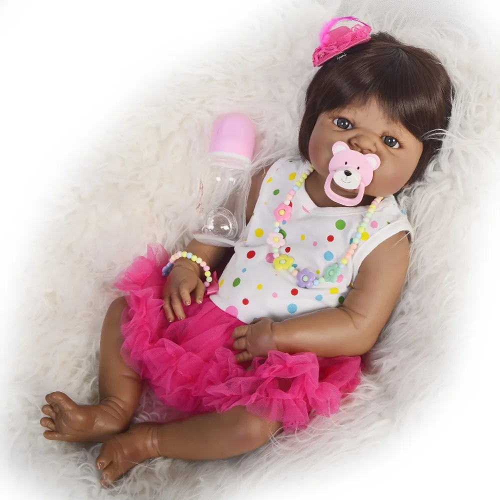 

55cm Full Silicone Body Reborn Baby Doll Toy Black Skin Newborn Babies Toddler Alive Bebe born Doll Bathe Toy Girls gift Bone