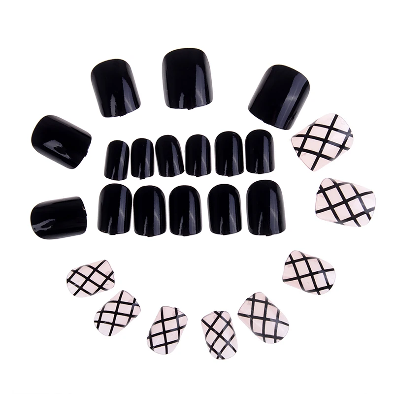 24pcs/set Lattice Grid Design Fake Nails Artificial French Multiple Colors False Tips Press on with Glue Sticker | Красота и здоровье
