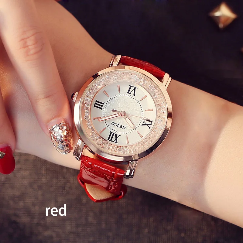 red watch Бренд KEZZI, женские часы с кожаным ремешком, покрытые розовым золотом часы с кристаллами, женские часы с римским циферблатом, Reloje Mujer Montre Femme - Цвет: red watch