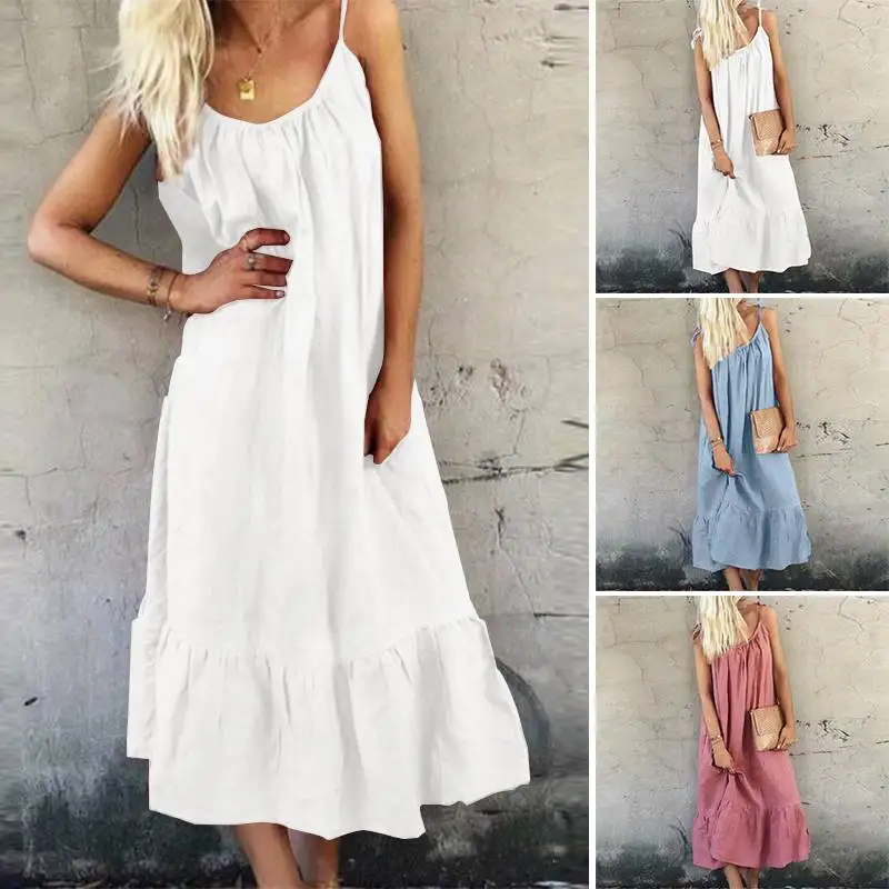 Летнее платье ZANZEA Для женщин пляжные вечерние Vestido плотные, без рукавов, в повседневном стиле плиссированное платье без рукавов из хлопка и льна длинные женское Макси-платье