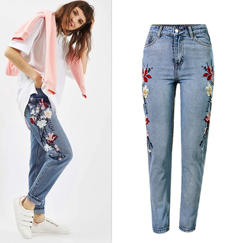 Vintage Denim Capri Embroidered Flowers Mom jeans Boyfriend Jeans with High Waist for Women's plus size | Женская одежда