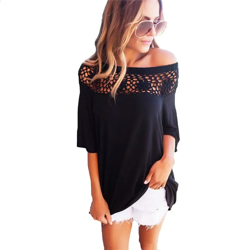 Для женщин пикантные Повседневное Кружево Футболка выдалбливают с плеча