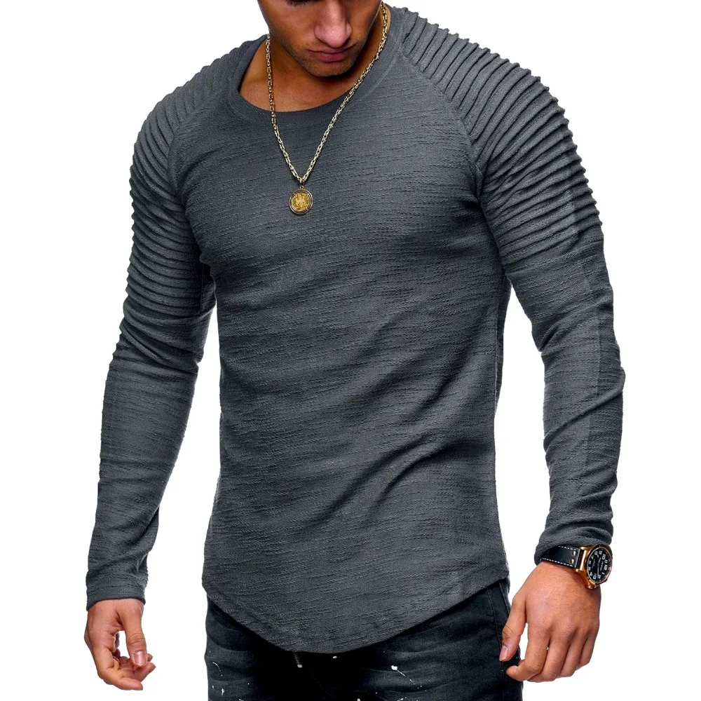 

Fashion Men Bodybuilding Casual Fitness Long Sleeve Tshirt Solid Pleated on Shoulder O-Neck Spring&Summer T Shirt Men Tops