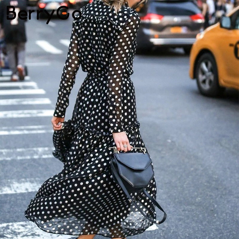 BerryGo/винтажное длинное платье в горошек зимнее со шнуровкой и длинными рукавами