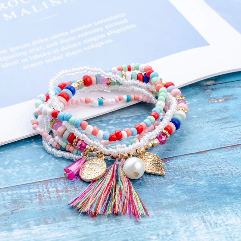 6 Pcs/set Bohemia Blue Acrylic Bead Women Bracelet Femme Adjustable Simulated Pearl Coin Tassel Charm Bracelets for Girl | Украшения и