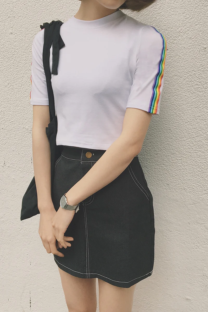 2017 летние короткие женские футболки подходящие ко всему с принтом радуги тонкие