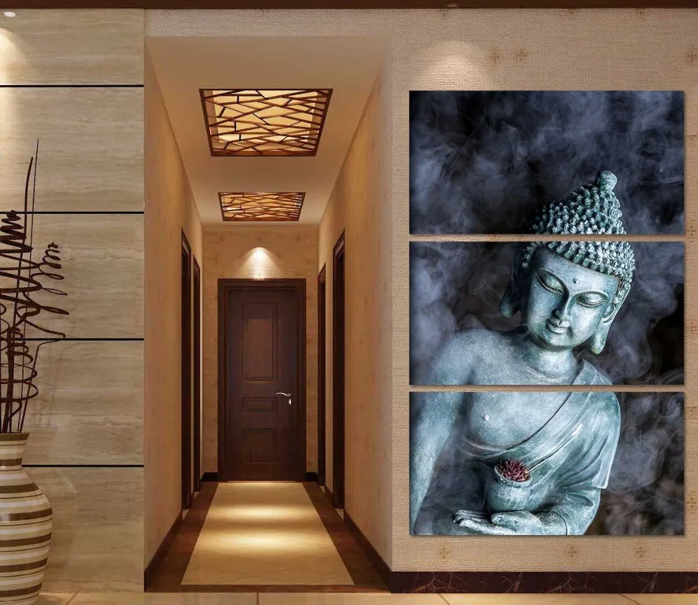 HD в рамке печать 3 шт. Дымчатая статуя Будды холст настенная живопись современный