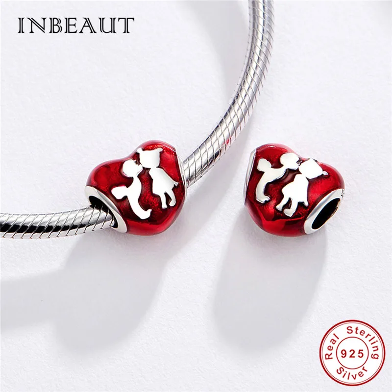 INBEAUT/100% 925 пробы серебряный красный сердечко милый браслет с бусинами для