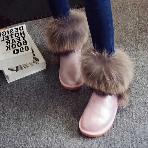 PINK GRWG/женские зимние ботинки с натуральным лисьим мехом женские ботинки из натуральной кожи женская зимняя обувь - Цвет: PINK