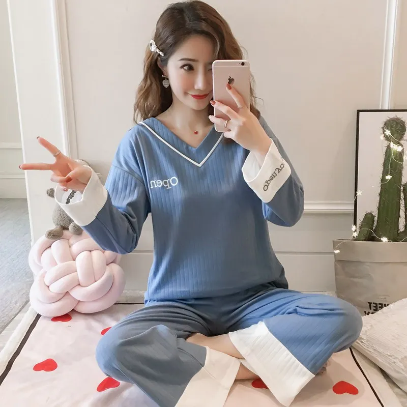 

2019 New Spring 100% Cotton V-neck Pajama Sets for Women Long Sleeve Casual Striped Sleepwear Homewear Pijama Mujer Home Clothes