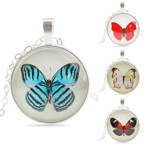 Bluelans женская Серебряная Цепочка Цветные Бабочки Стекло Кабошон Круглый Ожерелье