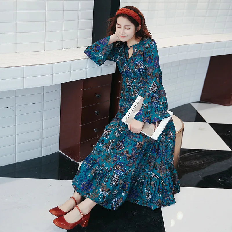 2017 весна женщины dress vintage элегантные длинные flare рукавом vestidos ретро midi шифон