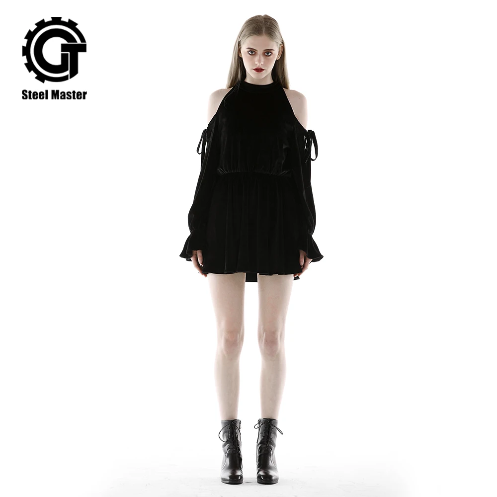 

2019 Punk Spring Sexy Hanging Neck Leaking Shoulders Waist Small Black Dress Velvet Dress Hepburn Ladies Dress Vintage Dress
